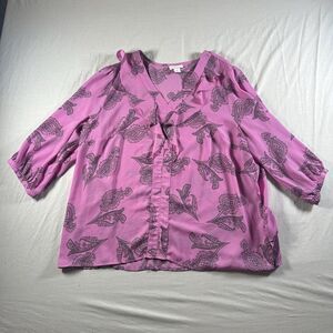 Liz Claiborne Blouse XL Pink Paisley V-Neck Ruffle 3/4 Sleeve